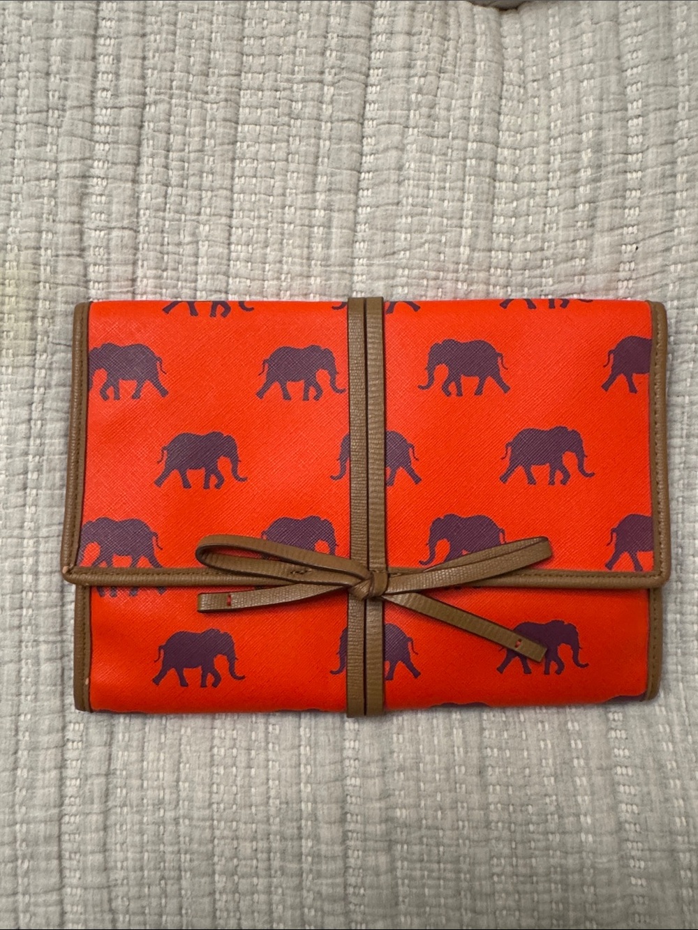 Stella & Dot Orange Elephant Print Travel Pouch with Brown Trim